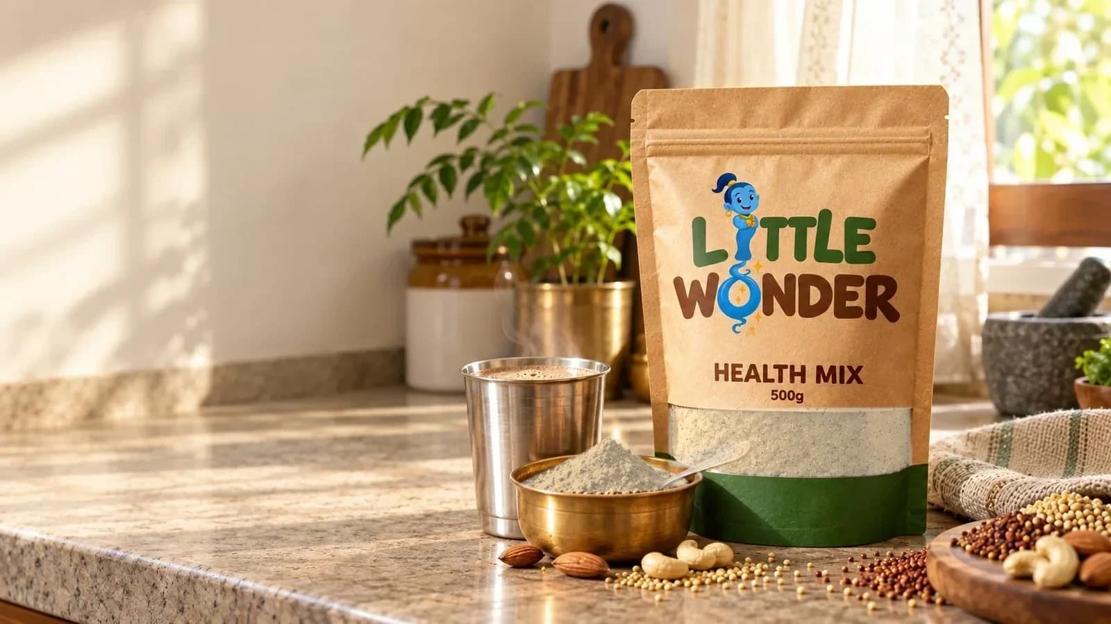 Little Wonder Health Mix pouch on a kitchen counter with a steaming steel tumbler and a brass bowl of the mix