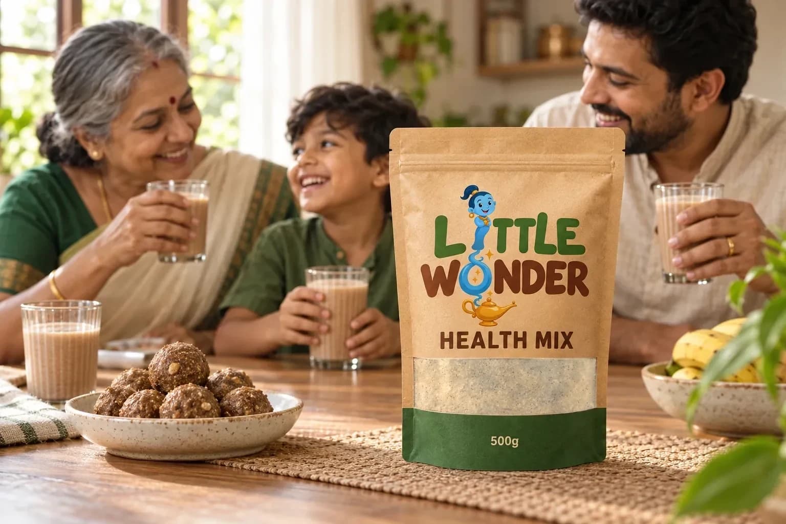 Grandmother, father and son drinking Health Mix at breakfast