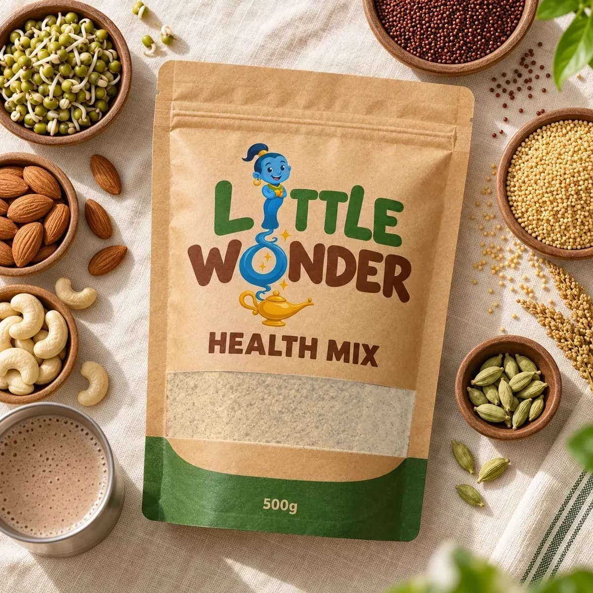 Health Mix pouch surrounded by bowls of sprouted grains, millets and nuts