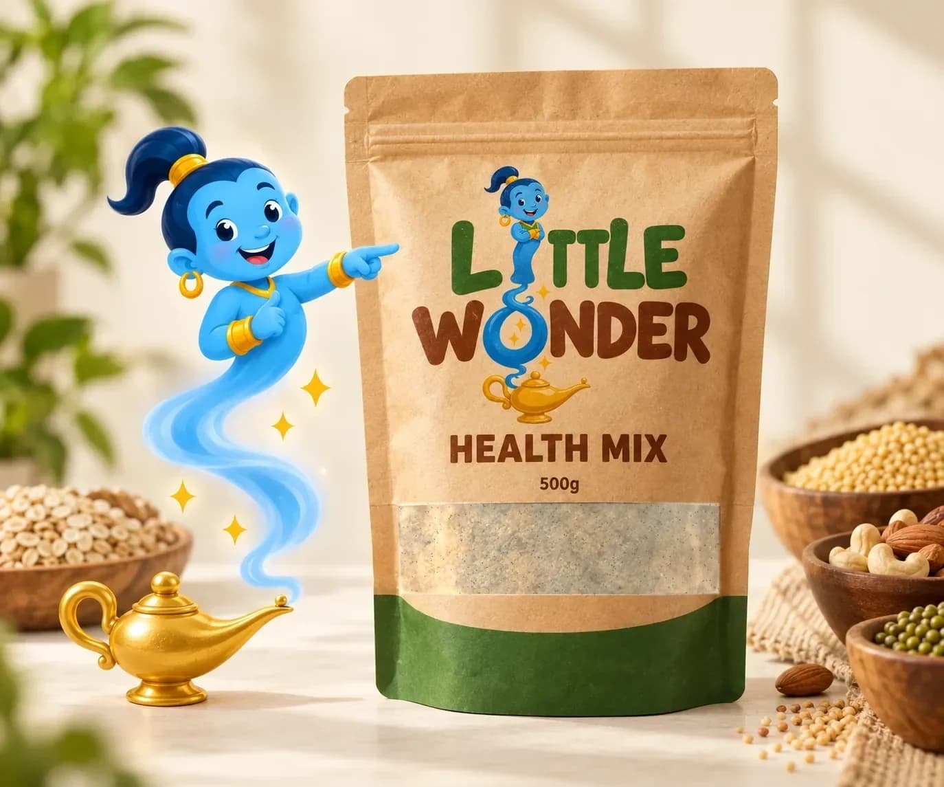 The Little Wonder genie rising from a golden lamp beside the pouch