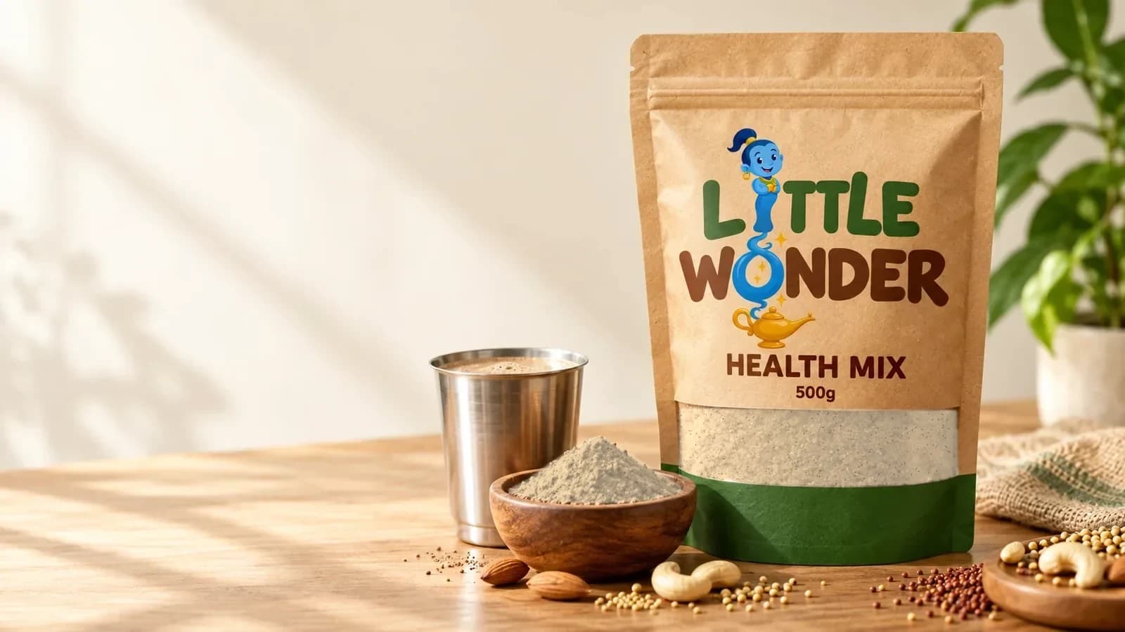 Little Wonder Health Mix pouch with a steel tumbler of the prepared drink
