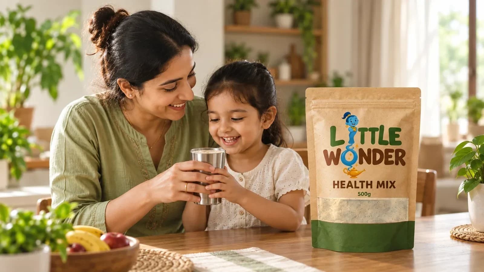 A mother and her daughter sharing a cup of Health Mix at the table
